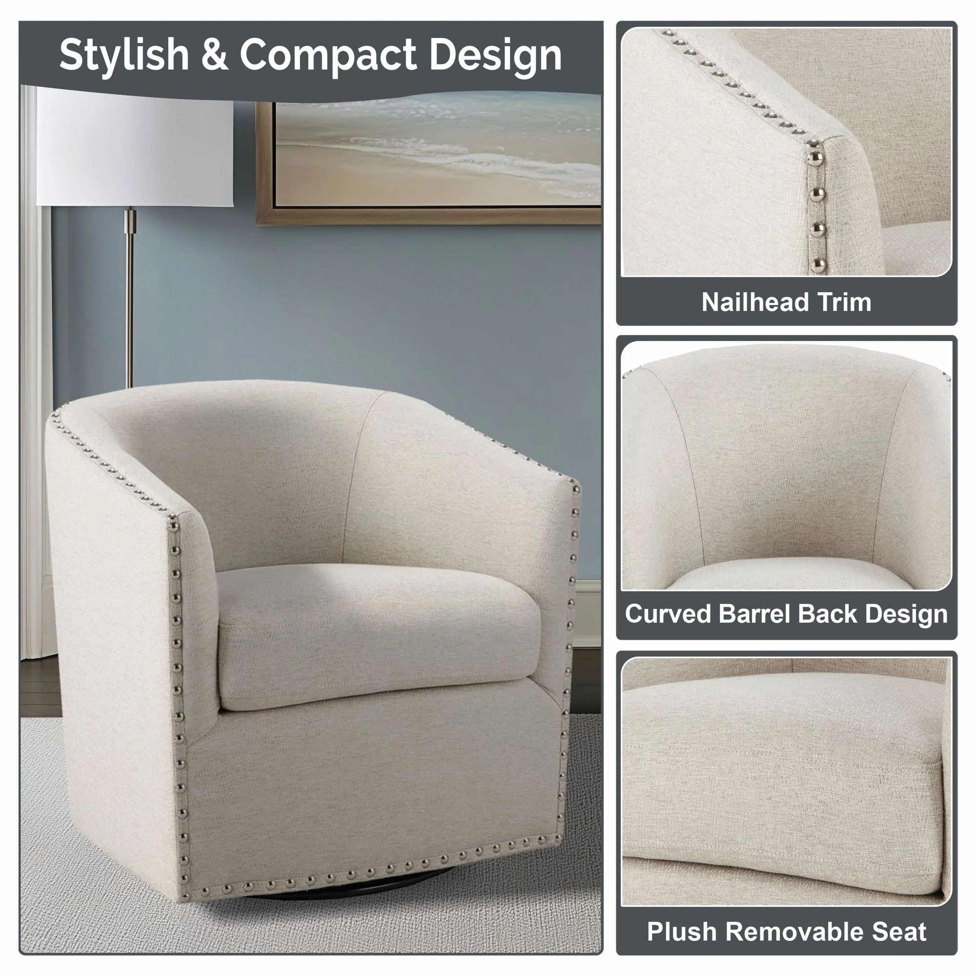 Tyler Upholstered Swivel Barrel Chair with Nailheads - Image 54