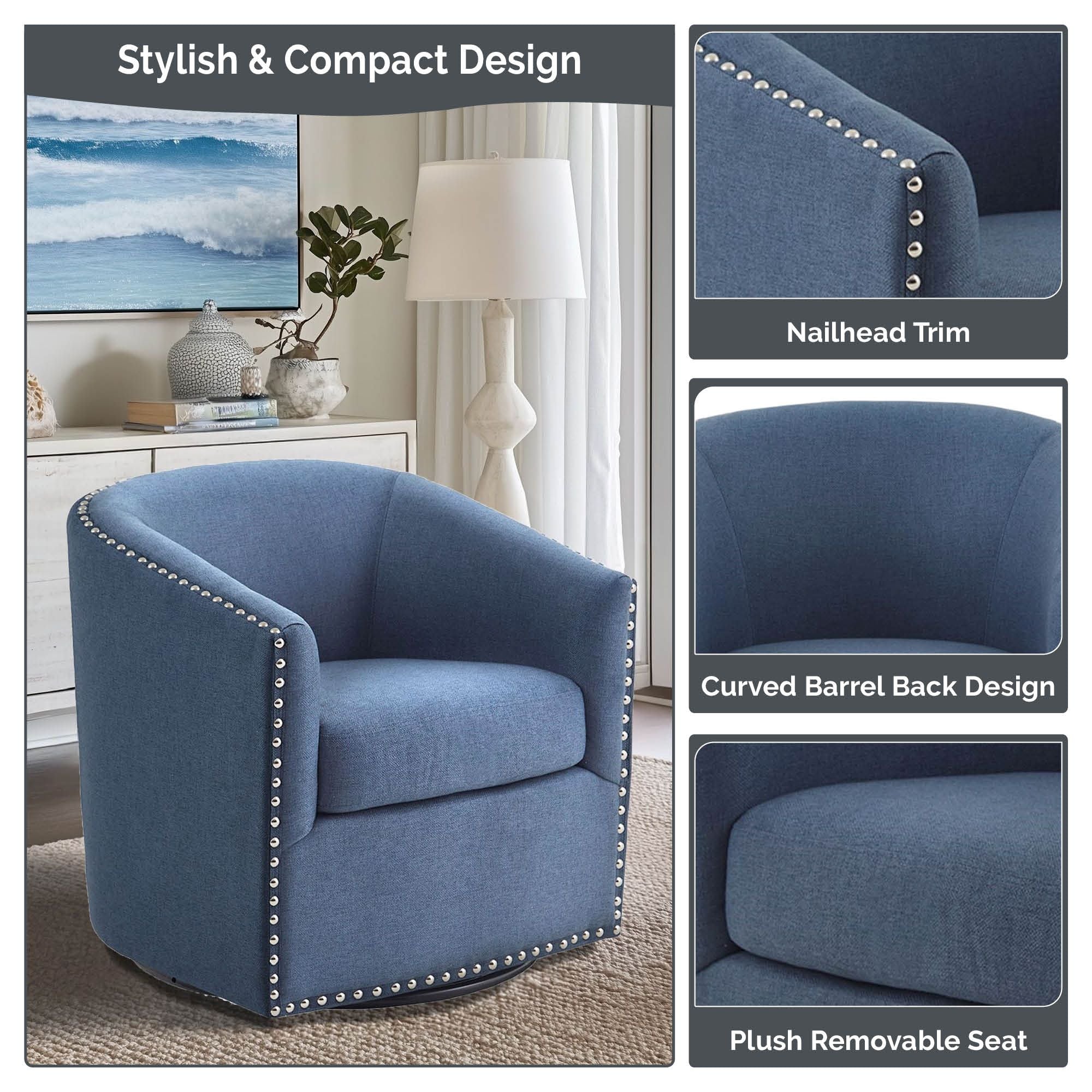 Tyler Upholstered Swivel Barrel Chair with Nailheads - Image 59