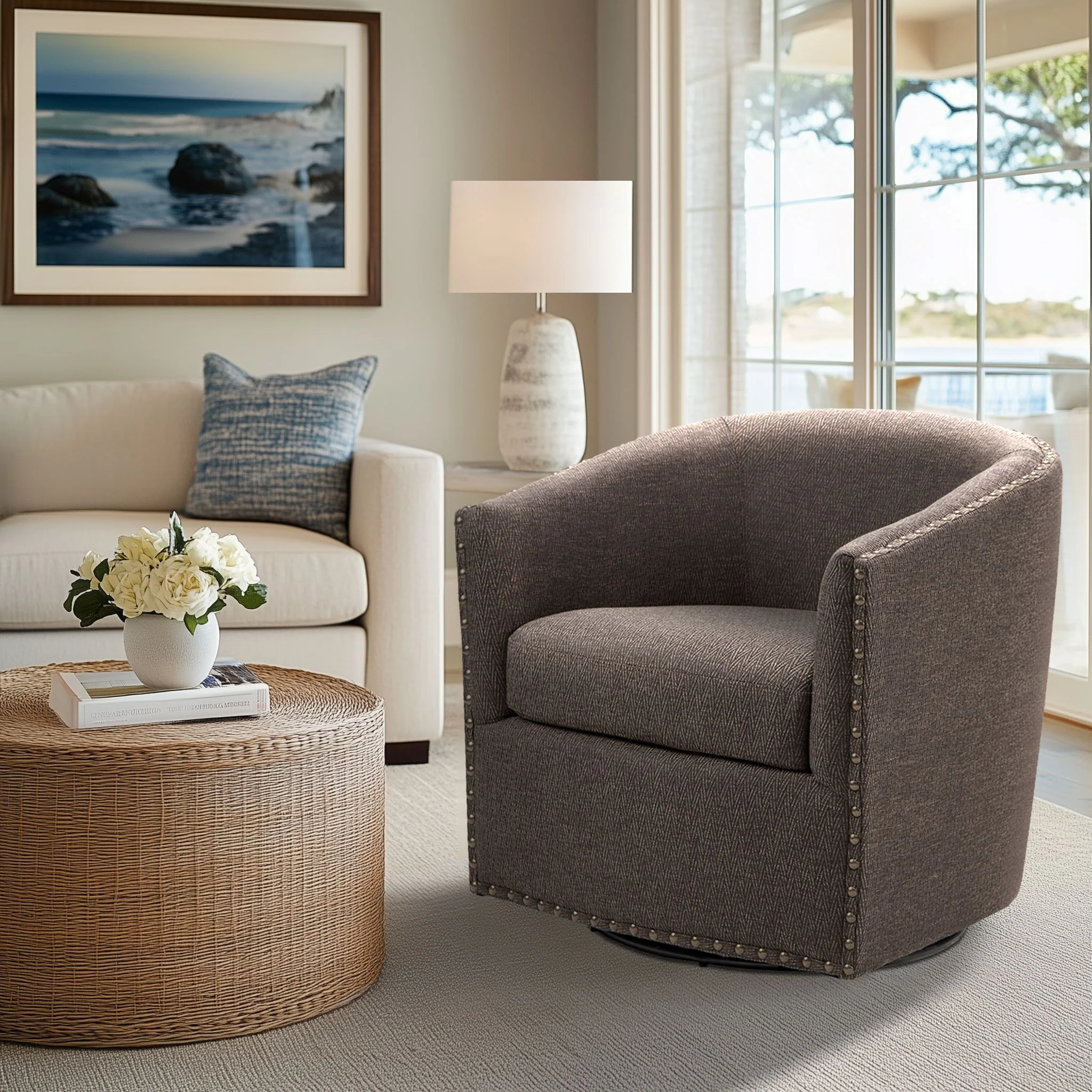 Tyler Upholstered Swivel Barrel Chair with Nailheads - Image 6