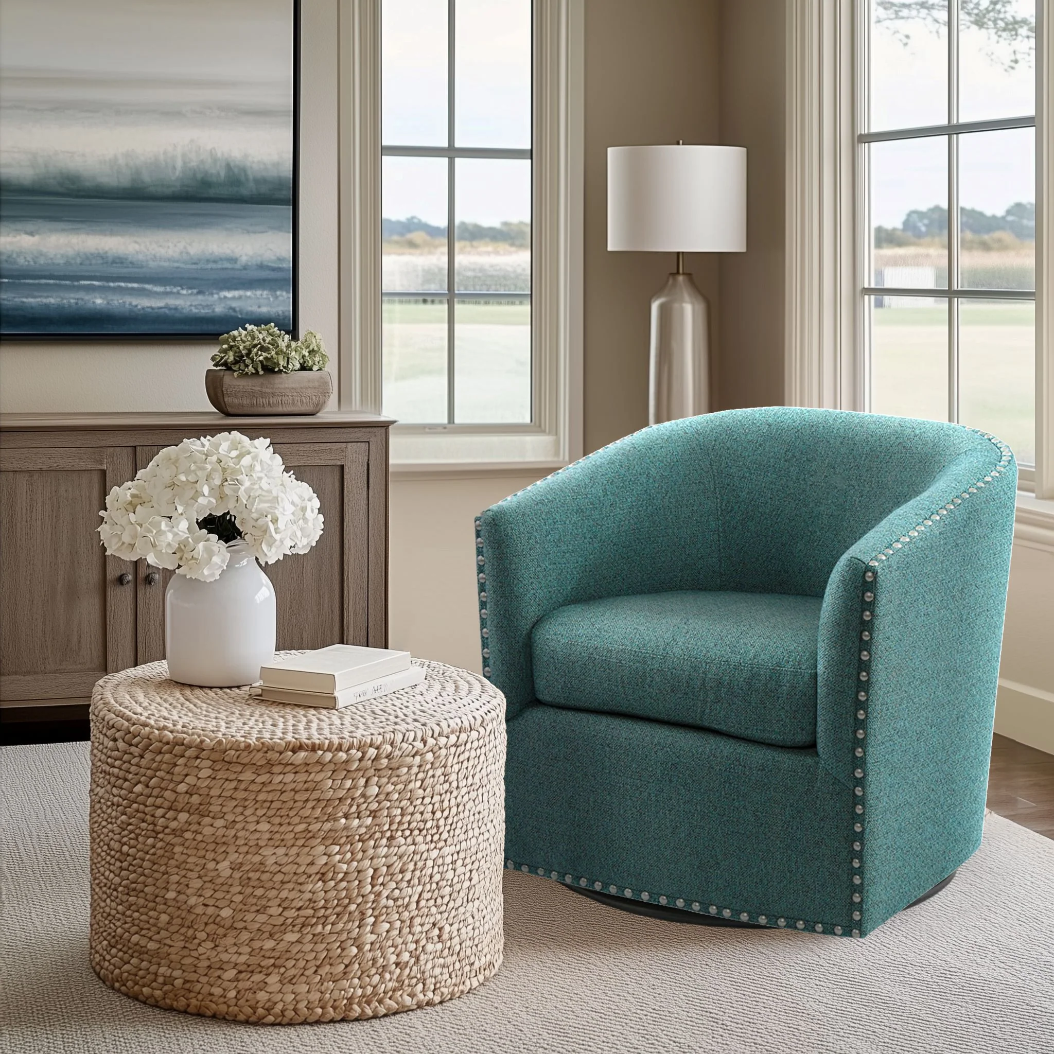 Tyler Upholstered Swivel Barrel Chair with Nailheads - Image 7