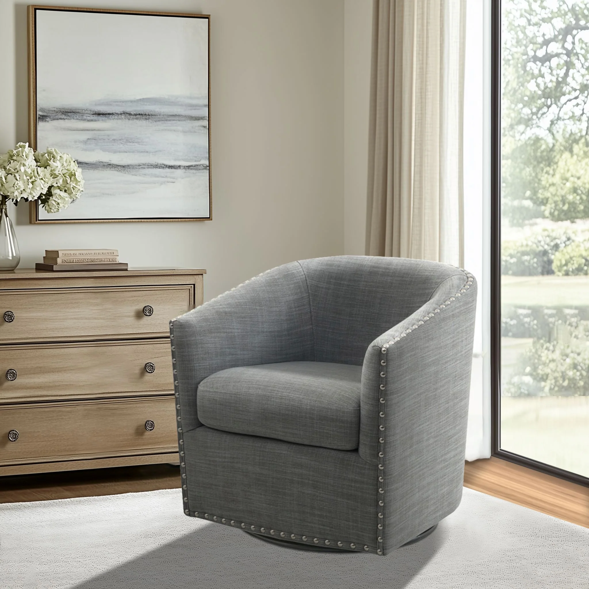 Tyler Upholstered Swivel Barrel Chair with Nailheads - Image 8