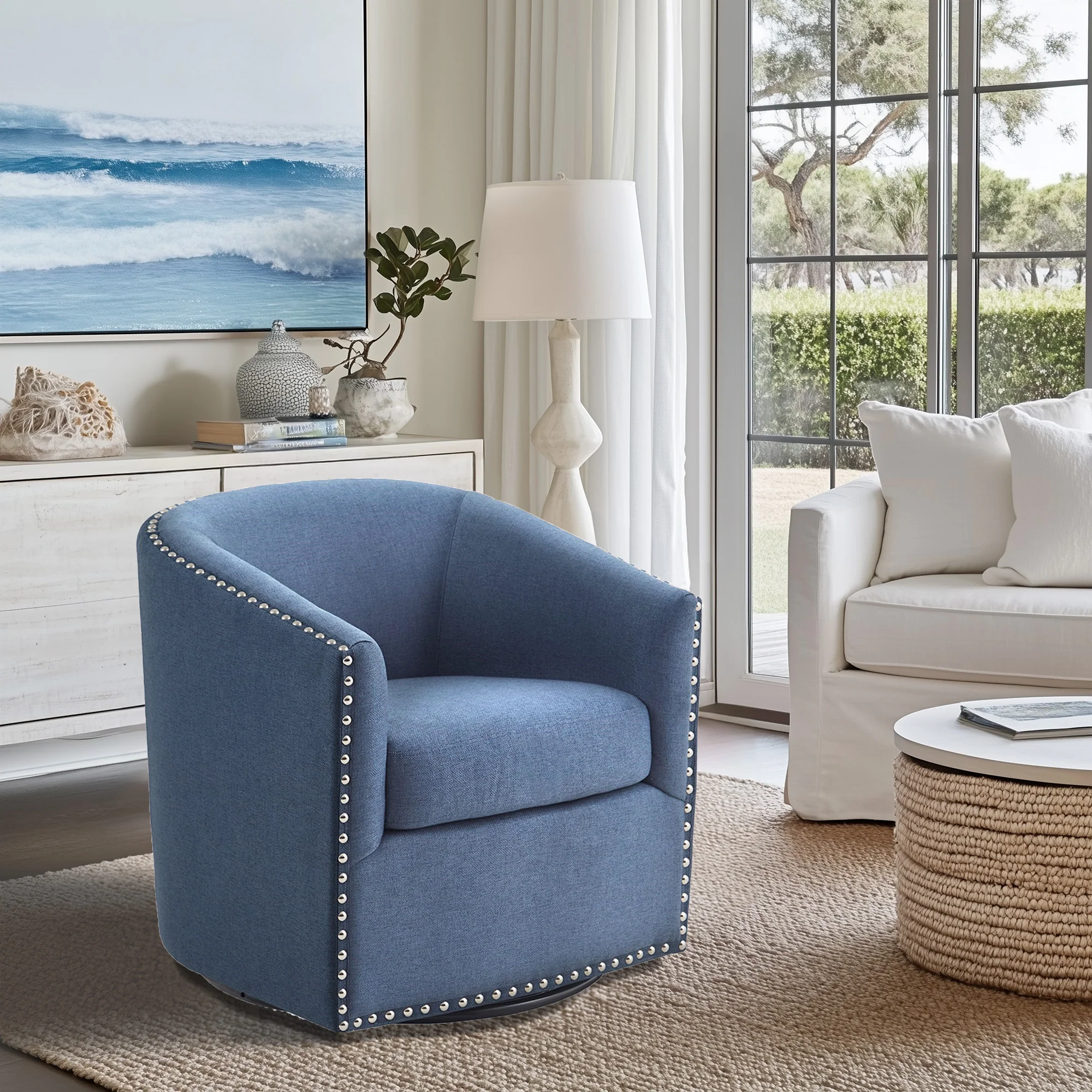 Tyler Upholstered Swivel Barrel Chair with Nailheads - Image 9