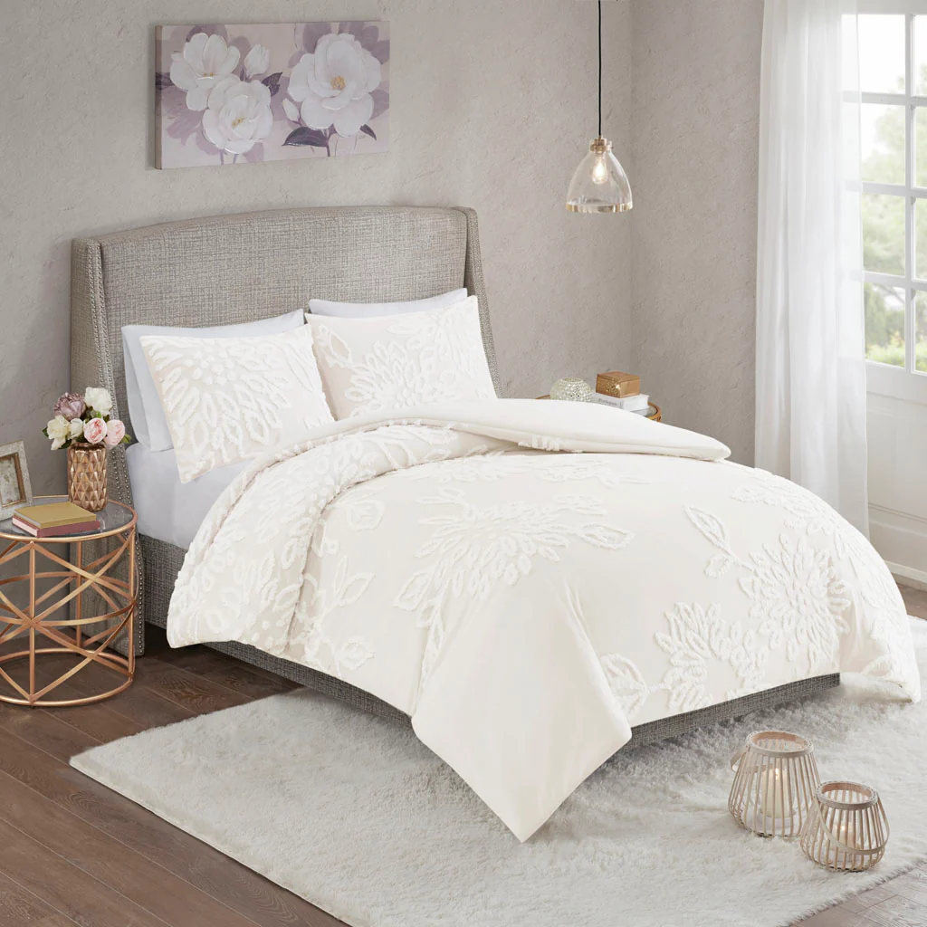 Veronica 3-Piece Tufted Cotton Chenille Floral Duvet Cover Set - Image 6