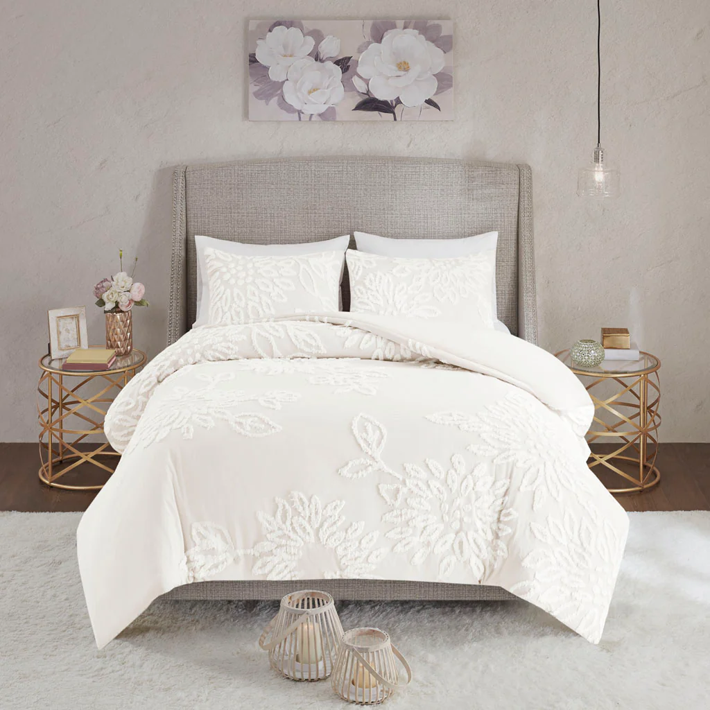 Veronica 3-Piece Tufted Cotton Chenille Floral Duvet Cover Set - Image 8