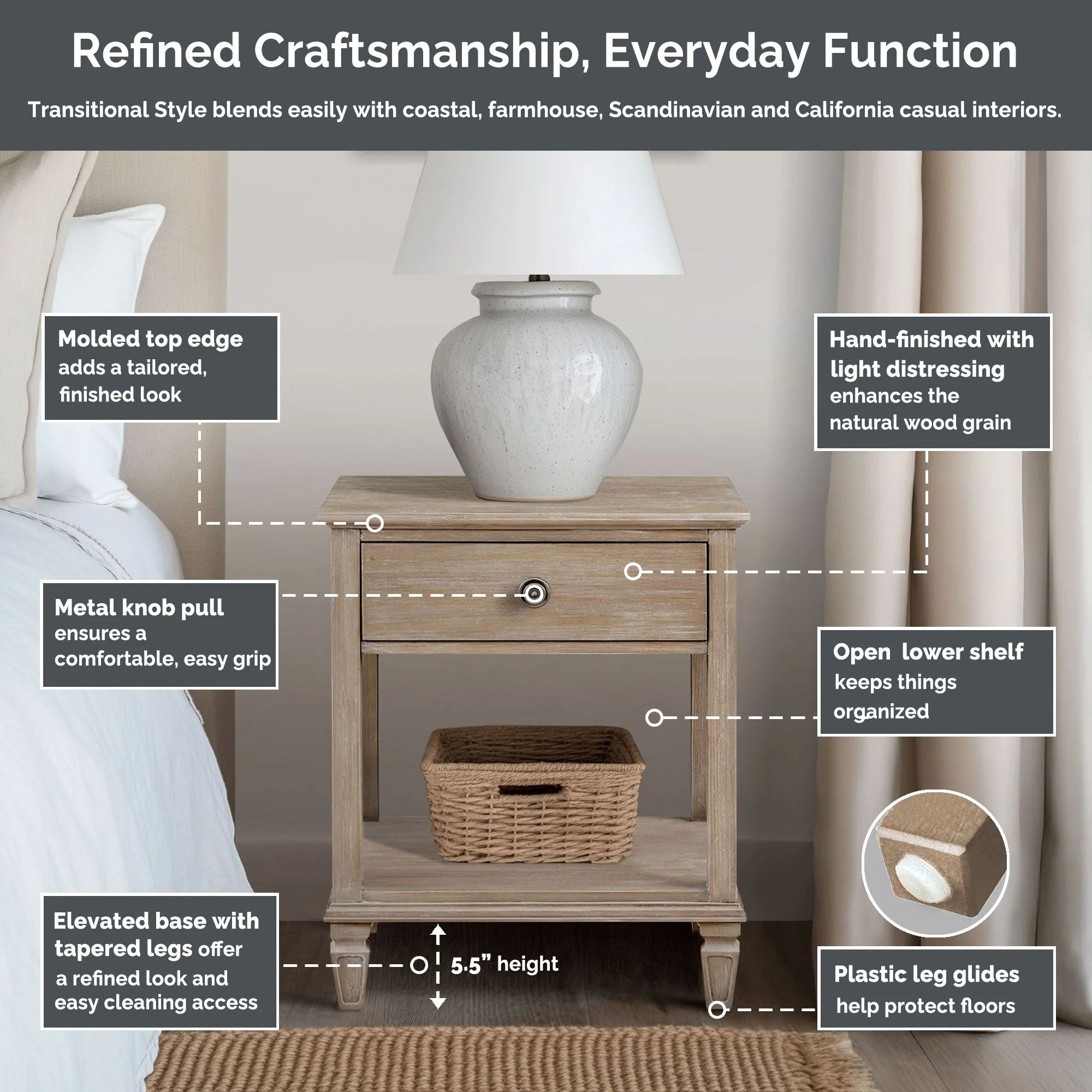 Victoria one-drawer wood bedside table with shelf - Image 15