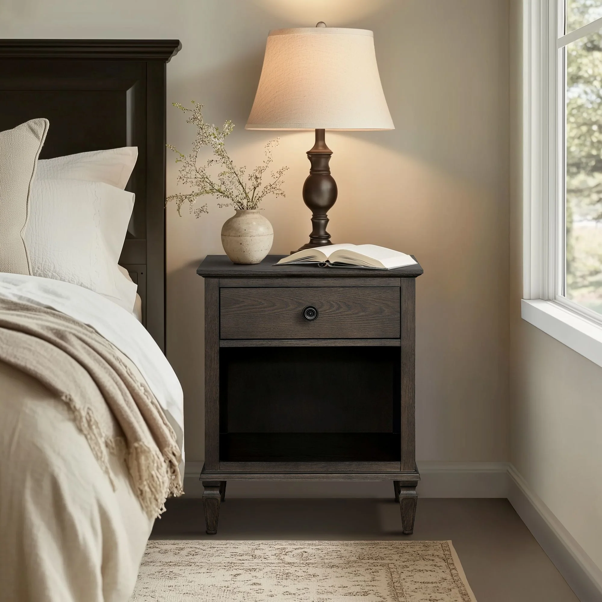 Victoria one-drawer wood nightstand with shelf - Image 44