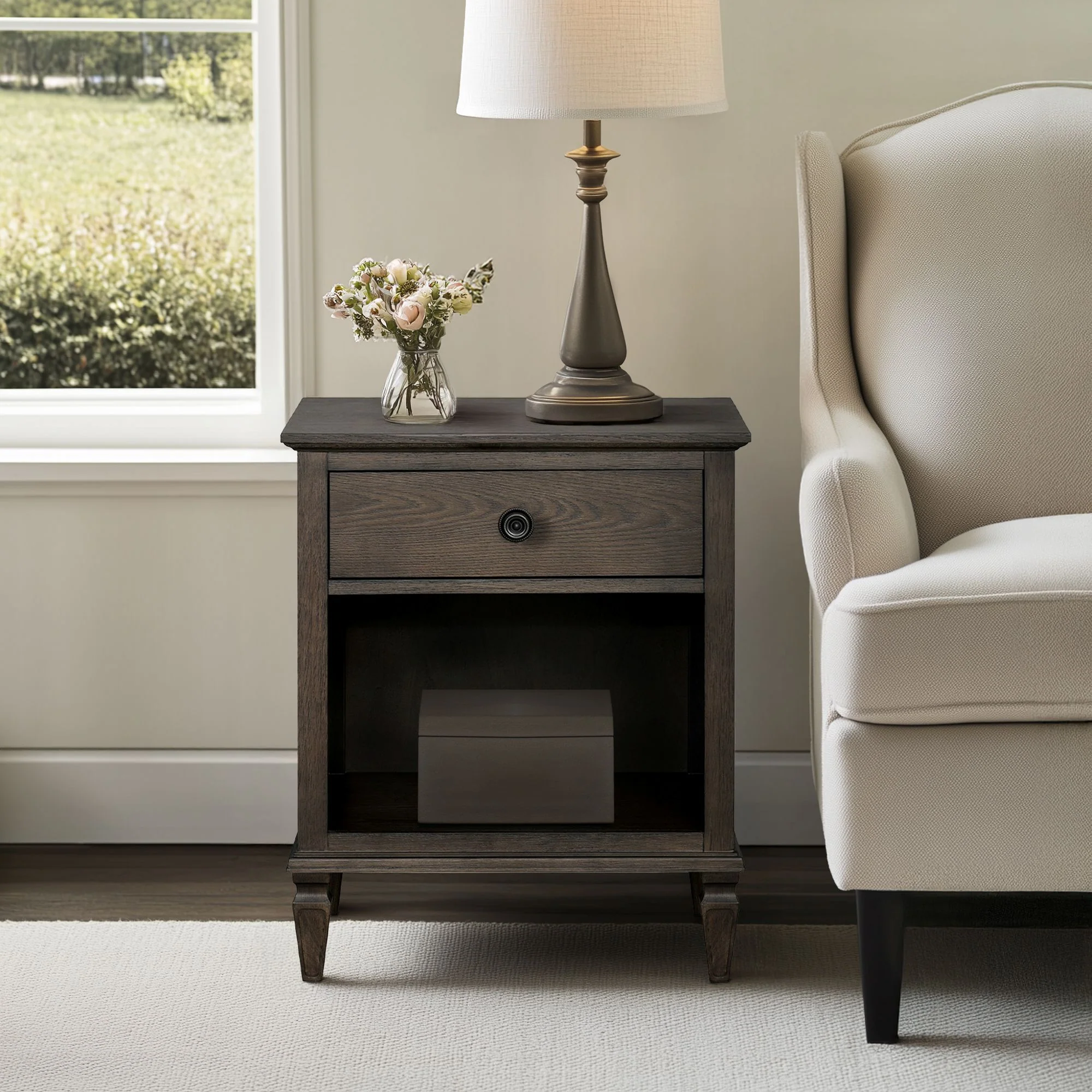 Victoria one-drawer wood nightstand with shelf - Image 46