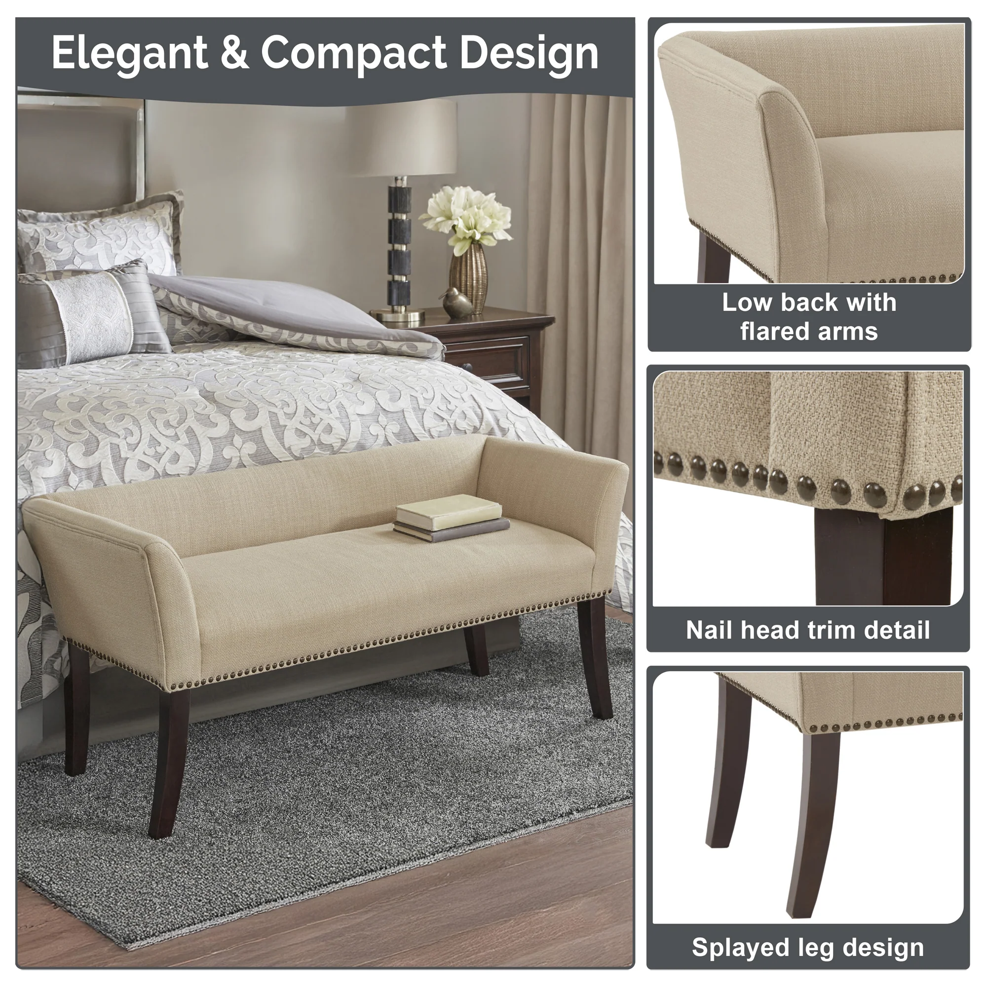 Welburn 49.5" Upholstered Bench with Back & Wood Legs - Image 36