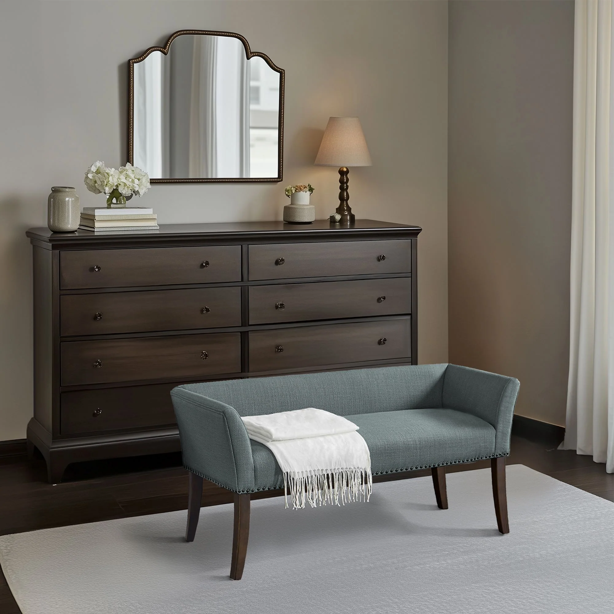 Welburn 49.5" Upholstered Bench with Back & Wood Legs - Image 51